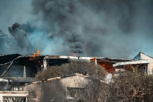 Fire-damaged building in Los Angeles during California wildfire